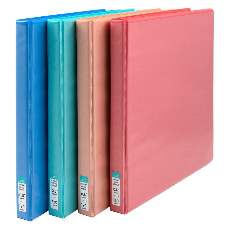 Yoobi 3 Ring Binders â€“ 0.5 Inch Binder with Round D Rings and 2 Pockets, Durable, PVC-Free Organizer with 120 Sheets Capacity, 4- Pack Colored Binders with Plastic Cover for Office Supplies - Image 1